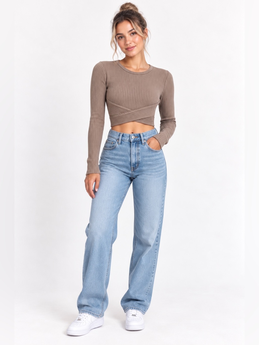 Wasabi + Mint Beige Ribbed Twist Front Crop Top Long Sleeve | Size M